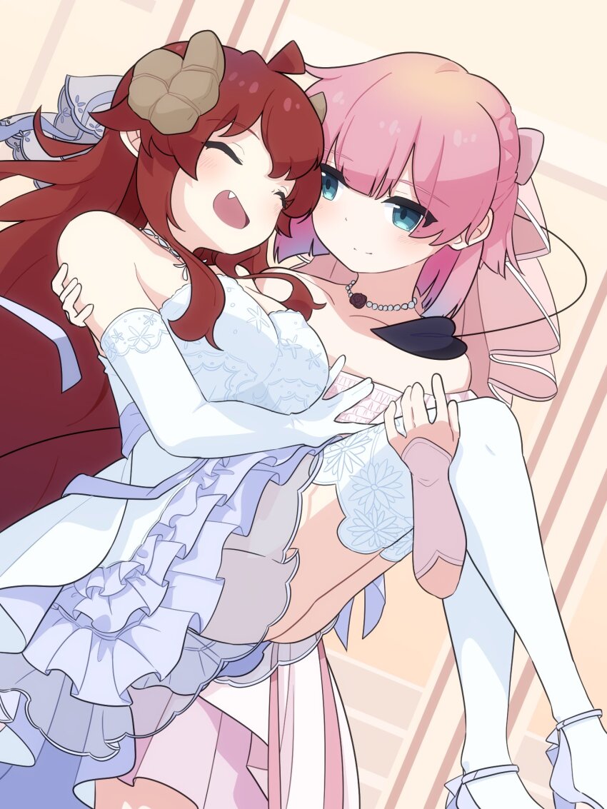 2girls, bare_shoulders, blush, breasts, carrying, chiyoda_momo, cleavage, closed_eyes