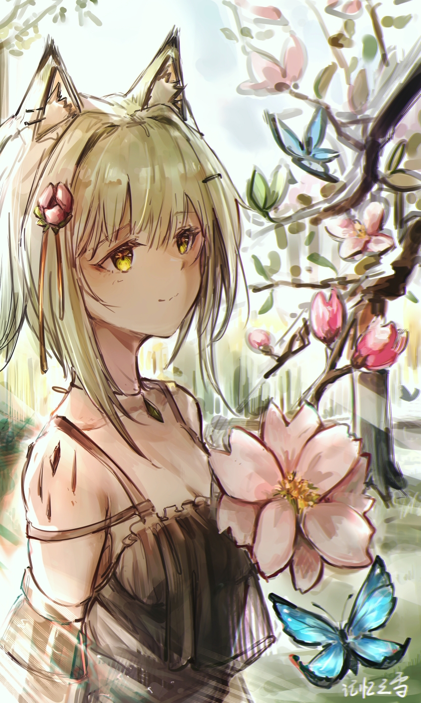 1girl, absurdres, animal_ear_fluff, animal_ears, arknights, bare_shoulders, black_dress, blue_butterfly