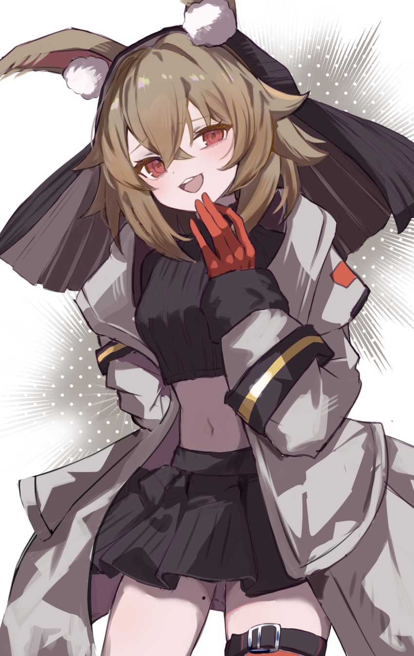 1girl, animal_ears, arknights, black_shirt, black_skirt, blush, brown_hair, caper_(arknights)