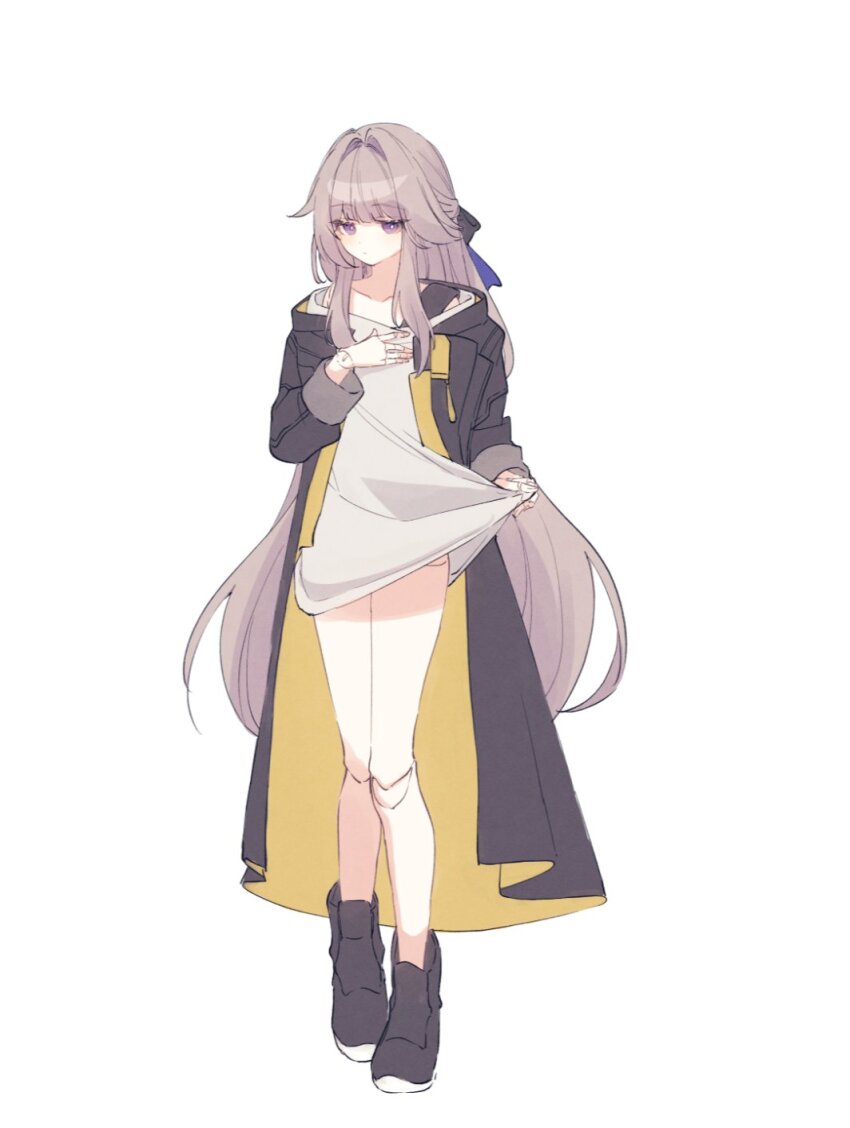 1girl, bare_legs, black_coat, black_shoes, brown_hair, caelus_(honkai:_star_rail), caelus_(honkai:_star_rail)_(cosplay), closed_mouth