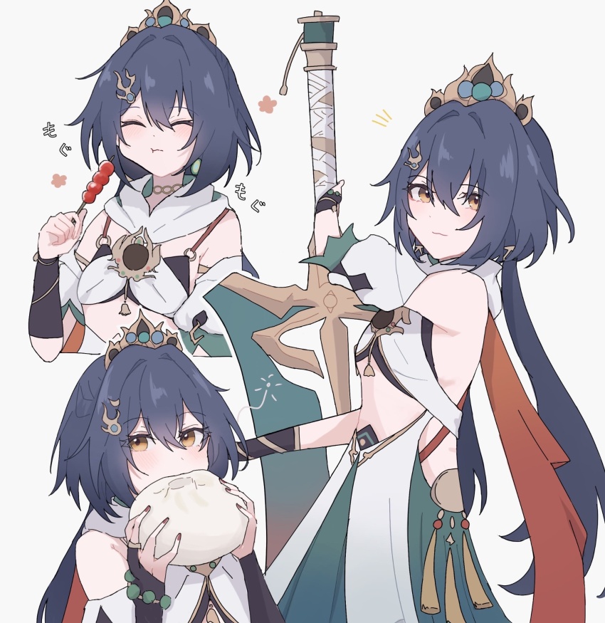 1girl, 961_kuru, black_gem, black_gloves, bracelet, brooch, chinese_clothes, clothing_cutout, commentary_request, dumpling, eating, elbow_gloves, fingerless_gloves, flat_chest, food, gem, gloves, green_skirt, hair_between_eyes, highres, holding, holding_food, holding_sword, holding_weapon, honkai:_star_rail, honkai_(series), jewelry, long_hair, looking_at_viewer, midriff, multiple_views, red_nails, side_cutout, skirt, stomach_cutout, sword, weapon, yellow_eyes, yunli_(honkai:_star_rail)