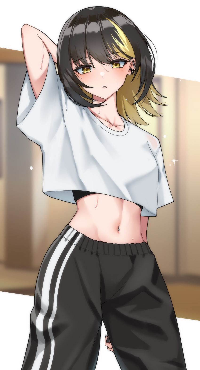 1girl, absurdres, arm_up, black_hair, black_pants, blonde_hair, blush, camellia_90