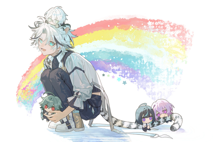 1boy, :d, animal_ears, aqua_eyes, bell_sleeves, black_pants, boots, butterfly_cut