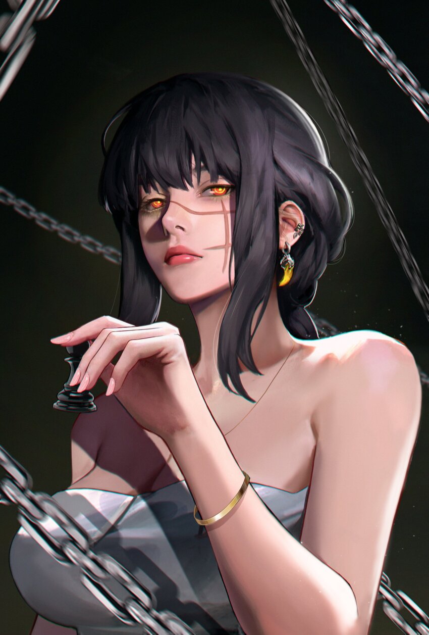 1girl, absurdres, bare_shoulders, black_background, black_hair, bracelet, breasts, chain