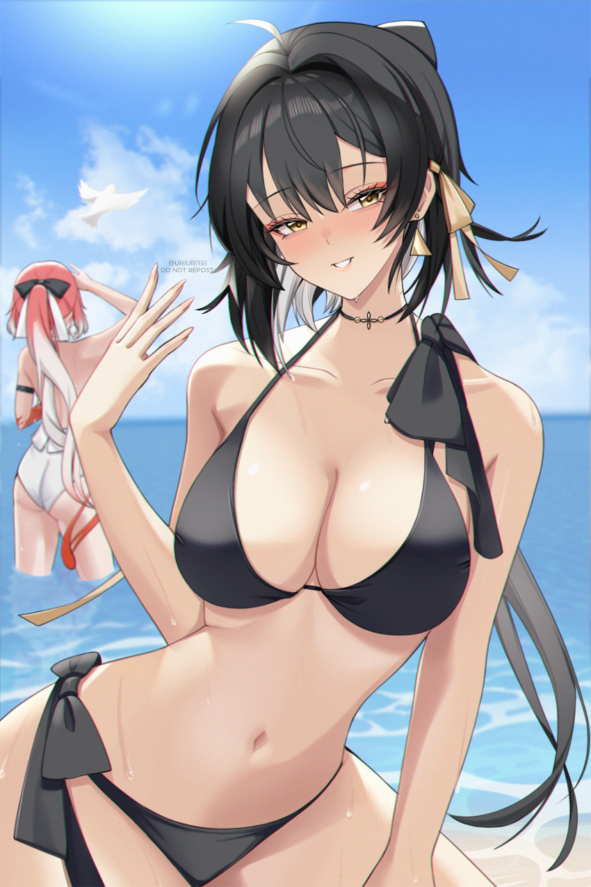 2girls, bare_shoulders, bikini, bird, black_bikini, black_bow, black_hair, blush