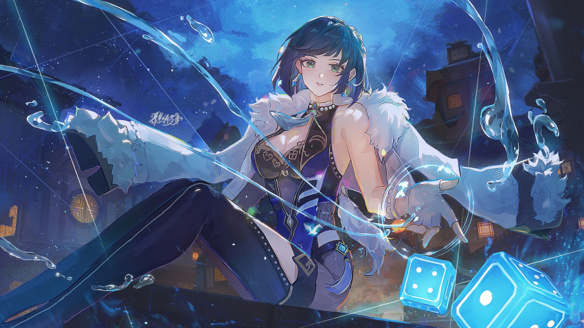 1girl, aqua_eyes, bare_shoulders, black_pants, blue_dress, blue_hair, breasts, cleavage, commentary_request, dice, dress, feet_out_of_frame, genshin_impact, highres, kongmingbubu, leggings, looking_at_viewer, medium_breasts, night, outdoors, pants, parted_lips, short_hair, sitting, sky, sleeveless, sleeveless_dress, solo, yelan_(genshin_impact)