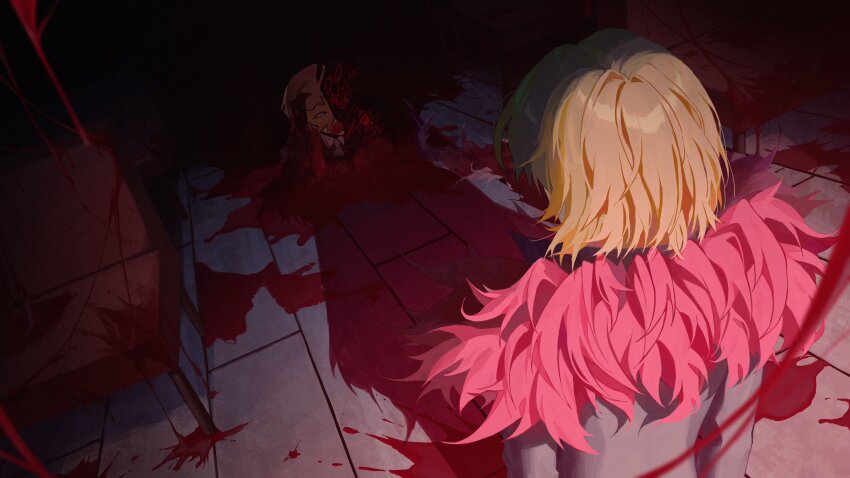 1boy, 1girl, absurdres, black_coat, blonde_hair, blood, bus, cassetti_(project_moon), coat, collared_shirt, don_quixote_(project_moon), fur_collar, highres, limbus_company, mask, masquerade_mask, motor_vehicle, necktie, project_moon, red_eyes, sancho_(project_moon), shirt, short_hair, sinlu, spoilers, vampire, vehicle_interior