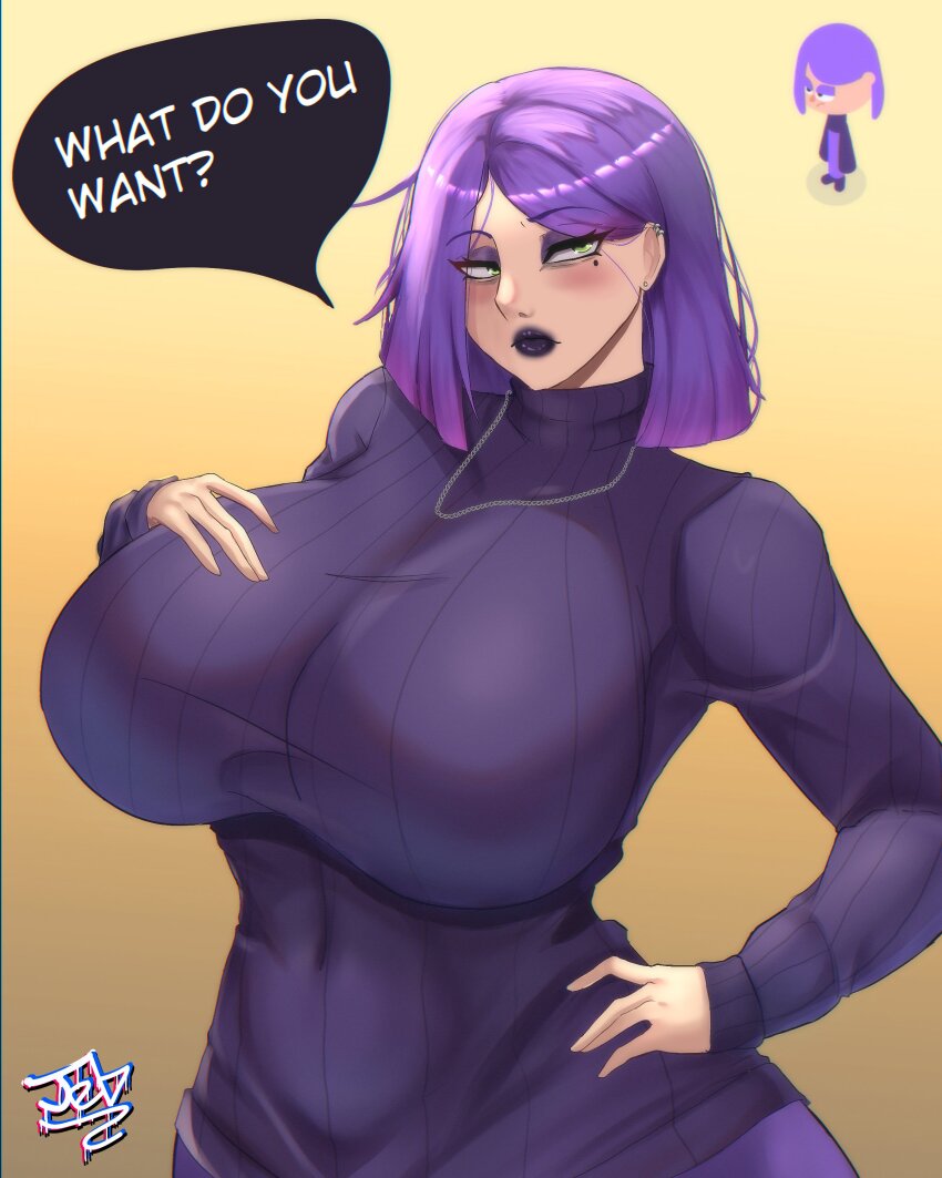 absurdres, blush, breasts, chain, chain_necklace, ear_piercing, english_text, green_eyes, highres, huge_breasts, jebjebbz, jewelry, lily_(duolingo), makeup, mature_female, mole, necklace, piercing, purple_hair, purple_lips, sweater