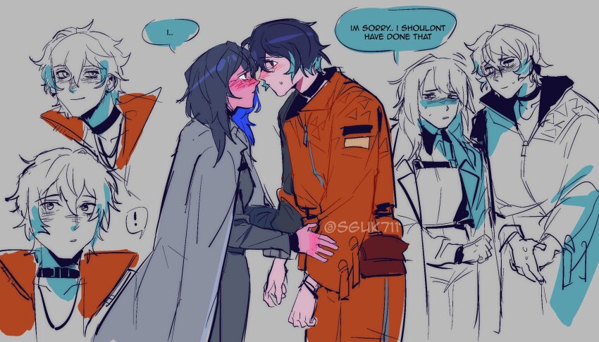 !, 2girls, black_choker, black_hair, black_pants, black_shirt, blue_hair, blush