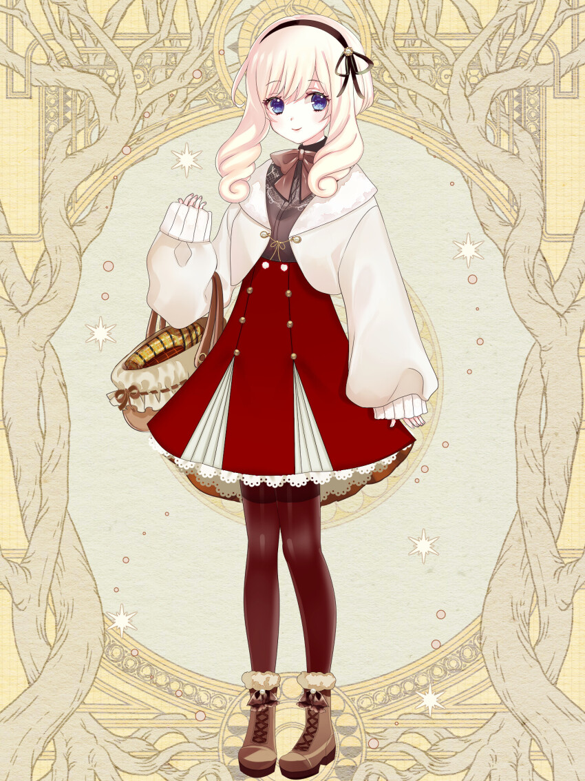 1girl, basket, black_ribbon, blonde_hair, blue_eyes, bow, bowtie, brown_bow, brown_bowtie, brown_footwear, brown_pantyhose, claire_ortiz, coat, dairoku_ryouhei, full_body, hair_ribbon, hairband, highres, long_hair, long_sleeves, pantyhose, ribbon, sleeves_past_wrists, smile, solo, standing, yamamoto_n, yellow_background