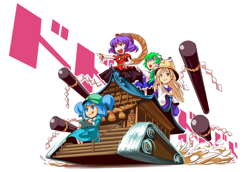 4girls, :p, blonde_hair, blue_eyes, blue_hair, caterpillar_tracks, chibi, controller