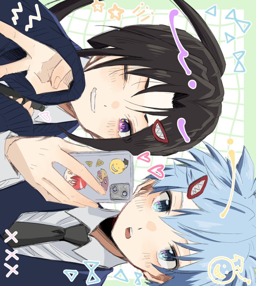 2boys, akabane_karma, ansatsu_kyoushitsu, black_hair, black_necktie, blue_eyes, blue_hair, blue_sweater