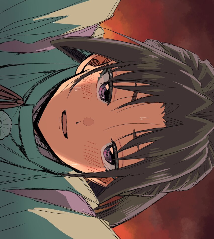 1boy, black_hair, blush, bow, close-up, hey_i_could_have_died_(meme), highres, houjou_tokiyuki_(nige_jouzu_no_wakagimi), japanese_clothes, kaisenyankee, kariginu, long_hair, long_sleeves, looking_at_viewer, looking_up, male_focus, meme, narrowed_eyes, nige_jouzu_no_wakagimi, parted_bangs, parted_lips, ponytail, purple_eyes, red_background, sidelocks_tied_back, sideways, smile, solo, sweat, wide_sleeves