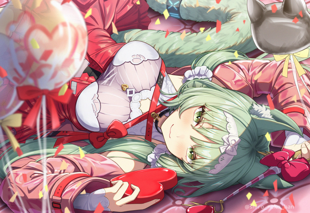 1girl, :3, animal_ear_fluff, animal_ears, arknights, arms_up, balloon, bell