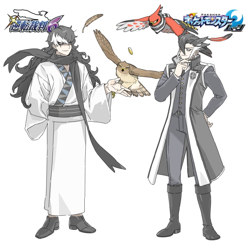 2boys, absurdres, ace_attorney, bird, black_coat, black_footwear, black_hair, black_necktie, black_pants, black_sash, black_scarf, black_shirt, black_vest, brown_feathers, coat, coin, copyright_logo, cosplay, crossover, emblem, feathers, gen_6_pokemon, grey_eyes, grimsley_(pokemon), grimsley_(pokemon)_(cosplay), hair_down, hawk, high_collar, highres, japanese_clothes, kimono, logo, long_hair, long_sideburns, looking_at_another, male_focus, multicolored_hair, multiple_boys, necktie, nintendo, one_eye_closed, pants, phoenix_wright:_ace_attorney_-_dual_destinies, pokemon, pokemon_sun_and_moon, sash, scarf, shirt, short_hair, sideburns, simon_blackquill, simon_blackquill_(cosplay), streaked_hair, taegi_(woghkg), taka_(ace_attorney), talonflame, two-tone_hair, vest, white_background, white_hair, white_kimono