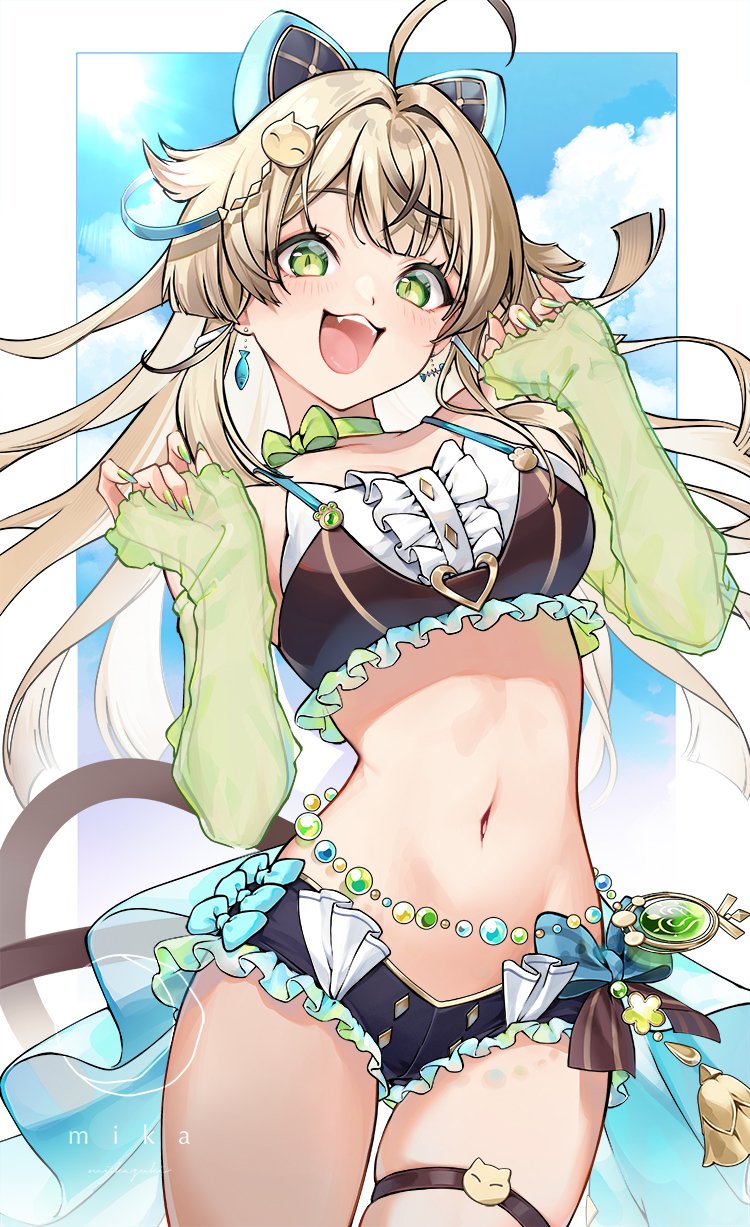 1girl, :3, :d, ahoge, belly_chain, black_shorts, blonde_hair, blue_bow