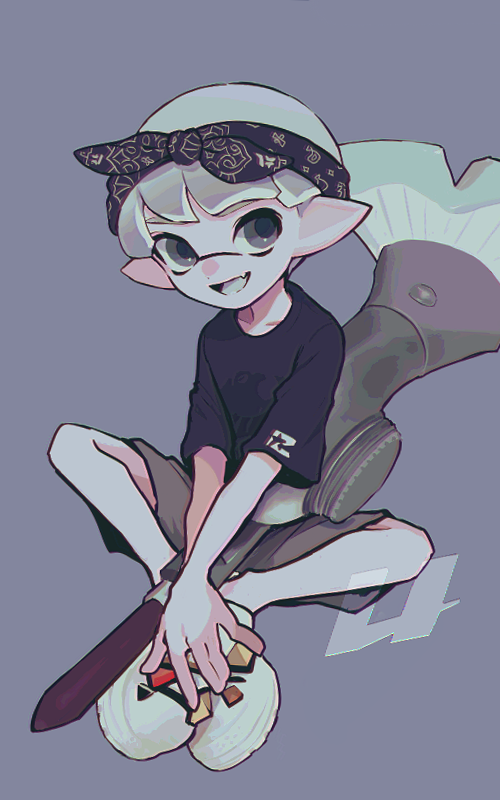 1boy, :d, bandana, black_bandana, black_shirt, commentary, fang, grey_background