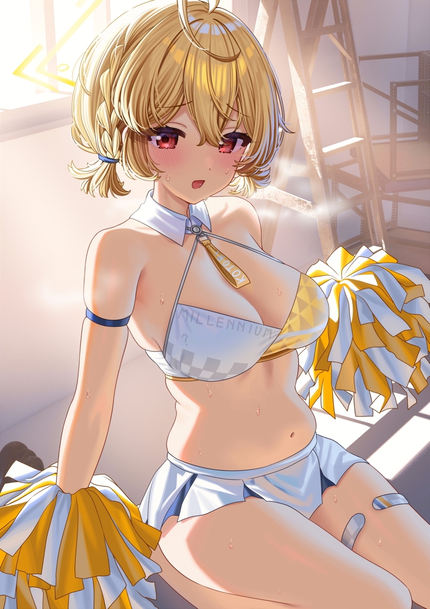 1girl, :d, absurdres, ahoge, arm_strap, bare_arms, bare_shoulders, belly, blonde_hair, blue_archive, blush, breasts, cheerleader, cleavage, climbing_ladder, commentary_request, hair_between_eyes, hayamasalt, heavy_breathing, highres, holding, holding_pom_poms, indoors, kotori_(blue_archive), kotori_(cheer_squad)_(blue_archive), looking_at_viewer, low_twintails, medium_breasts, midriff, millennium_cheerleader_outfit_(blue_archive), miniskirt, muffin_top, navel, open_mouth, pleated_skirt, plump, pom_pom_(cheerleading), pom_poms, red_eyes, short_hair, short_twintails, sitting, skindentation, skirt, sleeveless, smile, solo, stomach, sweat, thighs, twintails, white_skirt