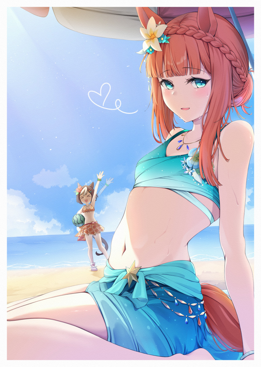 >_<, 2girls, absurdres, alternate_hairstyle, animal_ears, arm_up, ball, beach