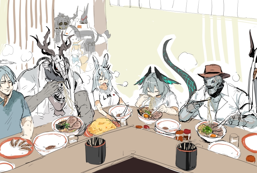 3boys, 5girls, absurdres, andoain_(arknights), animal_ear_fluff, animal_ears, animal_skull, antlers, arknights, armor, black_gloves, black_hair, black_horns, blonde_hair, blue_hairband, blue_shirt, blush, bodysuit, brown_hat, cat_ears, closed_mouth, clothed_robot, collared_shirt, deer_antlers, eating, facial_hair, feathered_wings, fedora, food, fox_ears, fox_girl, fox_tail, frostnova_(arknights), gas_mask, gloves, grey_hair, hair_between_eyes, hair_ornament, hair_over_one_eye, hairband, hairclip, halo, hat, head_wings, highres, ho'olheyak_(arknights), holding, horns, humanoid_robot, jessica_(arknights), jessica_(iron_block)_(arknights), long_hair, mask, mudrock_(arknights), multiple_boys, multiple_girls, multiple_tails, mustache, mutomorokoshi, official_alternate_costume, patriot_(arknights), power_armor, rabbit_ears, rabbit_girl, red_eyes, robot, sarkaz_wither_devourer, scar, scar_on_face, scar_on_nose, shirt, sitting, snake_tail, steam, suzuran_(arknights), tail, tin_man_(arknights), white_hair, white_shirt, wings