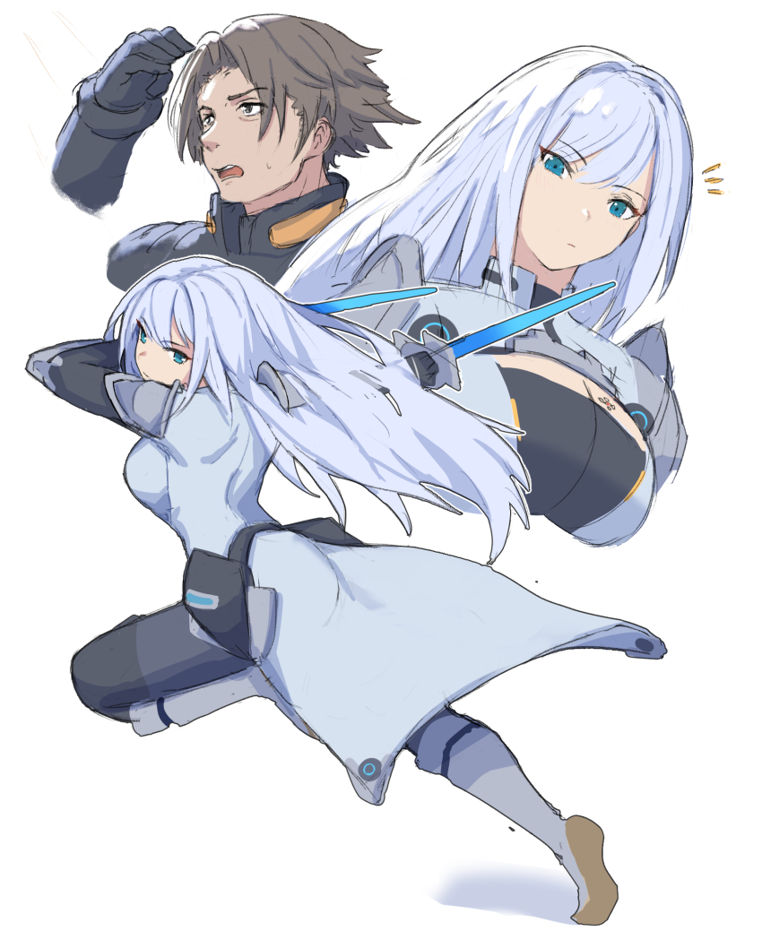 1boy, 1girl, blue_eyes, bolearis_(xenoblade), boots, breasts, coat, ethel_(xenoblade), grey_hair, highres, holding, holding_sword, holding_weapon, large_breasts, long_hair, medaman, notice_lines, open_mouth, short_hair, simple_background, sweat, sword, weapon, white_background, white_coat, white_hair, xenoblade_chronicles_(series), xenoblade_chronicles_3