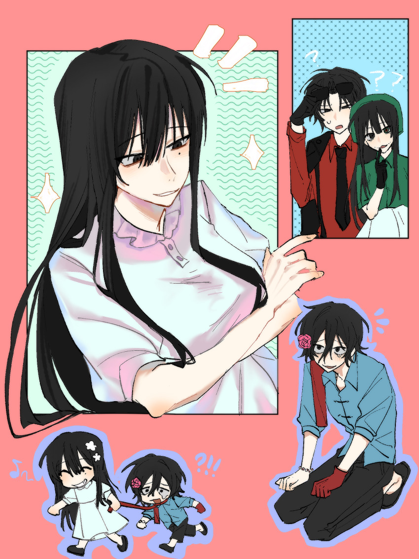 !?, 2boys, 2girls, :3, ?, ??, black_eyes, black_gloves, black_hair, black_jacket, black_necktie, black_pants, black_shoes, blue_shirt, blush, bracelet, breasts, chibi, chinese_commentary, collared_shirt, commentary_request, confused, dress, finger_to_mouth, flower, freckles, fu_shun_(touqi_guaitan), genderswap, genderswap_(mtf), gloves, green_hat, green_shirt, hair_between_eyes, hair_flower, hair_ornament, hat, highres, index_finger_raised, jacket, jacket_on_shoulders, jewelry, junxiu_di_maoyi, kneeling, large_breasts, long_hair, long_sleeves, mole, mole_under_eye, multiple_boys, multiple_girls, musical_note, naihe_(touqi_guaitan)_(female), necktie, notice_lines, open_mouth, pants, pink_flower, puffy_short_sleeves, puffy_sleeves, red_shirt, removing_eyewear, shirt, shoes, short_hair, short_sleeves, skirt, sleeves_rolled_up, smile, sparkle, sunglasses, suspenders, sweat, teardrop, touqi_guaitan, white_dress, white_skirt, zhu_yaoxing, ziche_fuzhao