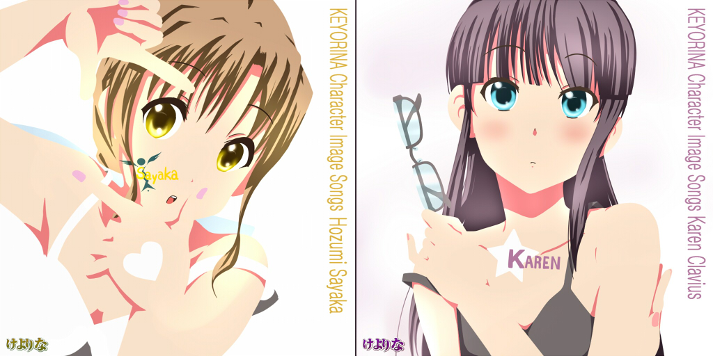 2girls, album_cover, bare_shoulders, blue_eyes, bodypaint, brown_hair, cover, dress