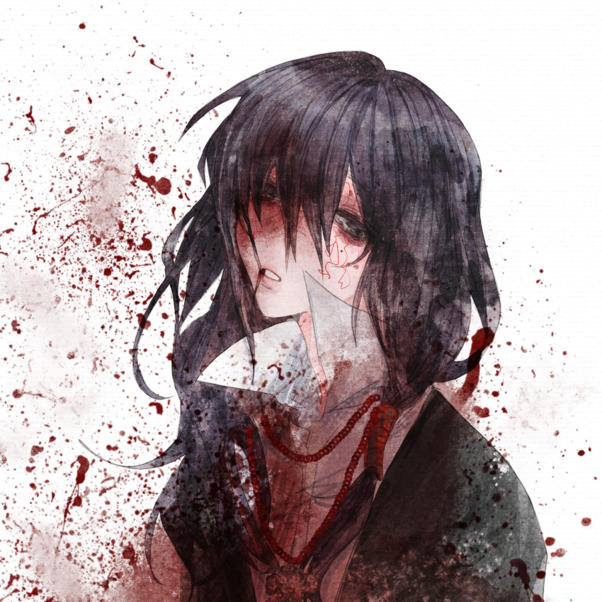 1boy, black_eyes, black_hair, black_jacket, blood, blood_from_mouth, blood_on_clothes, blood_on_face