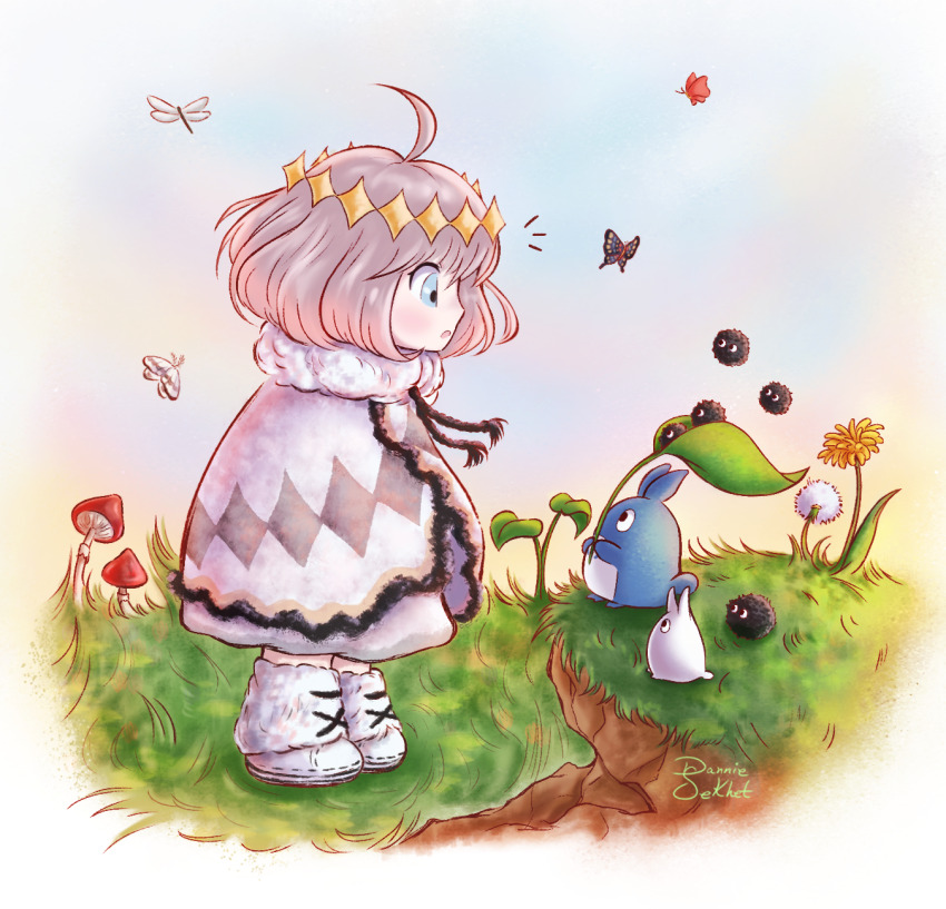 1boy, ahoge, blonde_hair, blue_eyes, blue_fur, boots, bug, butterfly, cape, chibi, crown, dandelion, dannie_dewitt, diamond_(shape), diamond_crown, diamond_hairband, diamond_print, dot_nose, dragonfly, dress, dust_bunny, fate/grand_order, fate_(series), flower, frills, fur-trimmed_cape, fur_boots, fur_trim, grass, hairband, highres, holding, insect, leaf, mini_person, mushroom, nature, oberon_(fate), plant, puffy_cheeks, rilled_sleeves, studio_ghibli, surprised, susuwatari, white_cape, white_dress, yellow_crown, yellow_hairband