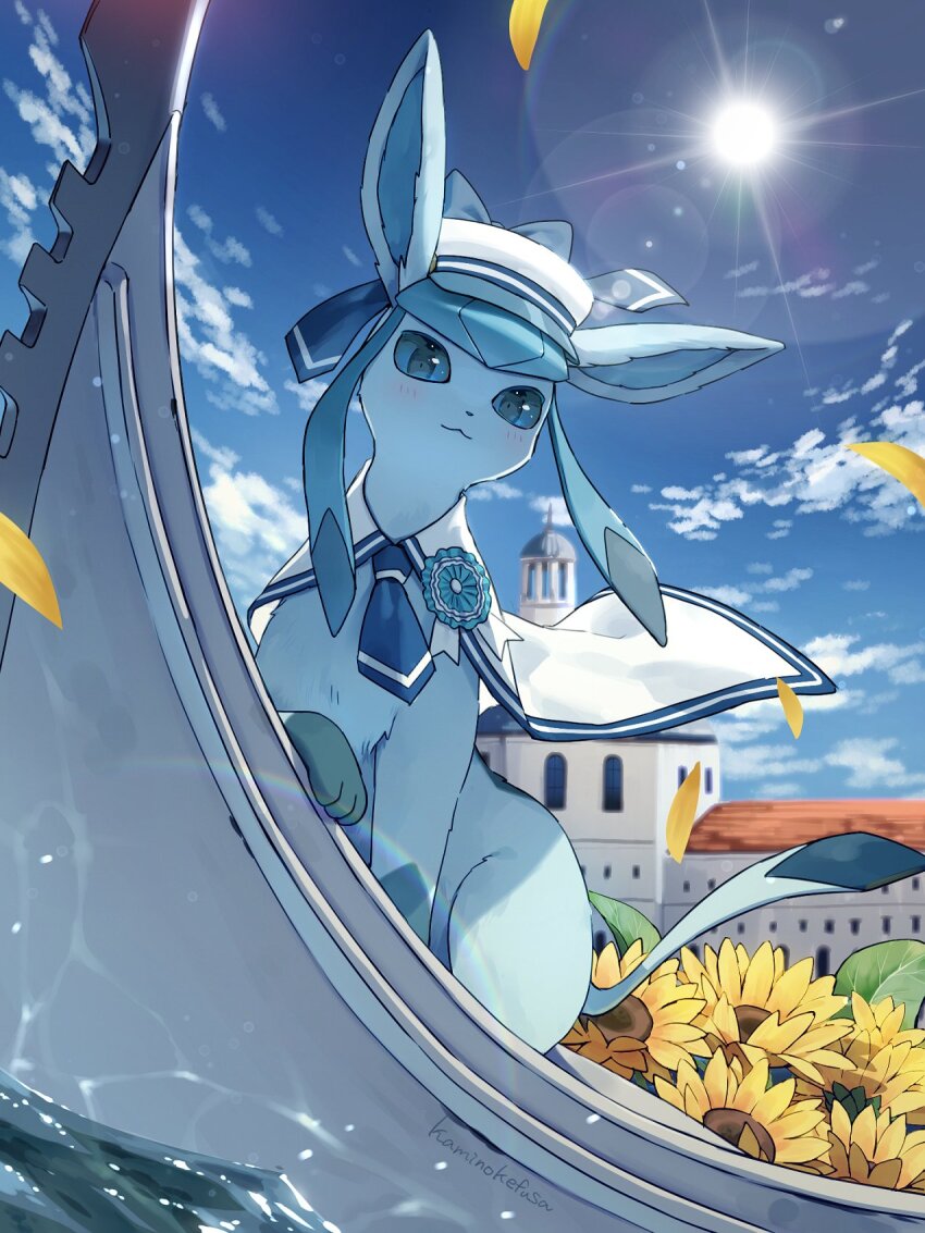 animal_focus, blue_eyes, blue_skin, blue_sky, boat, clothed_pokemon, colored_skin, falling_leaves