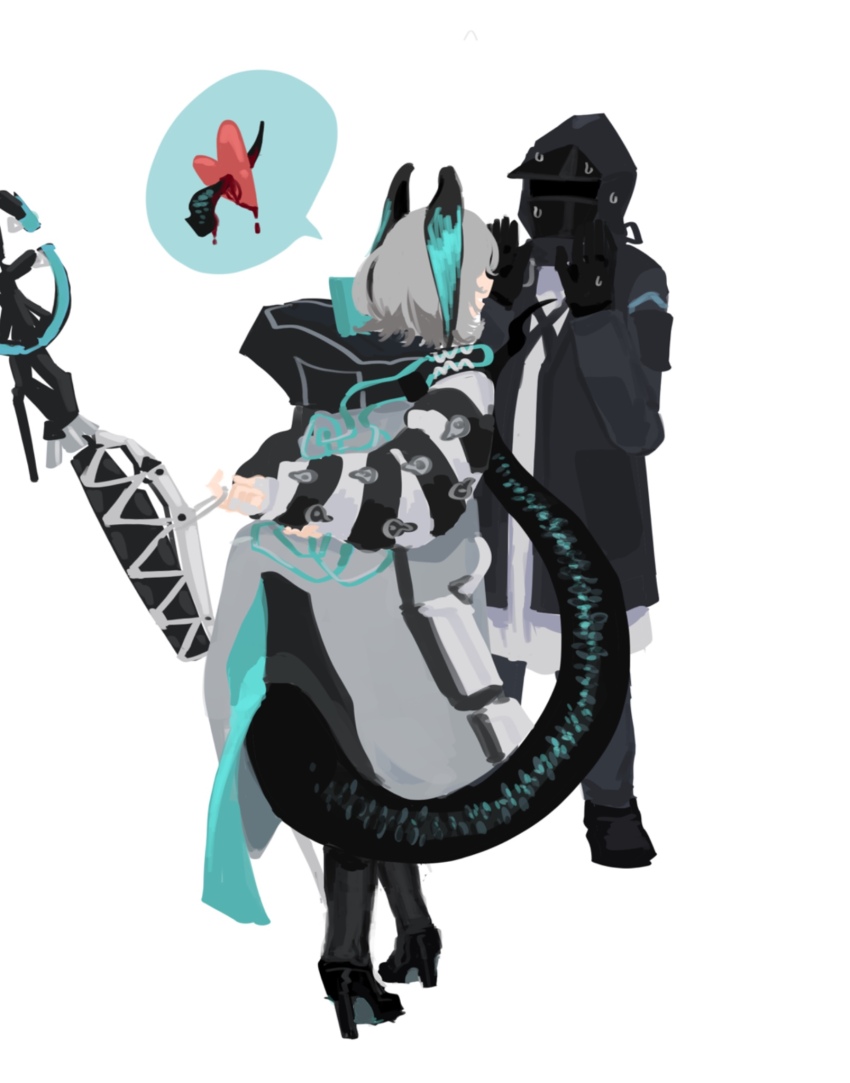 1girl, 1other, ambiguous_gender, arknights, black_coat, black_jacket, black_pantyhose, coat