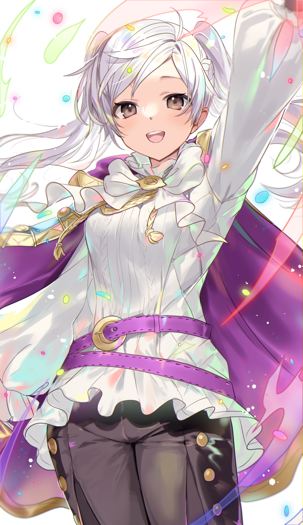 1girl, arm_up, belt, bow, bowtie, brown_eyes, commentary_request, female_robin_(fire_emblem)