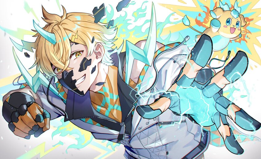 1boy, bare_shoulders, black_jacket, blue_hair, broken_mask, clenched_hand, crossed_bangs, drawstring