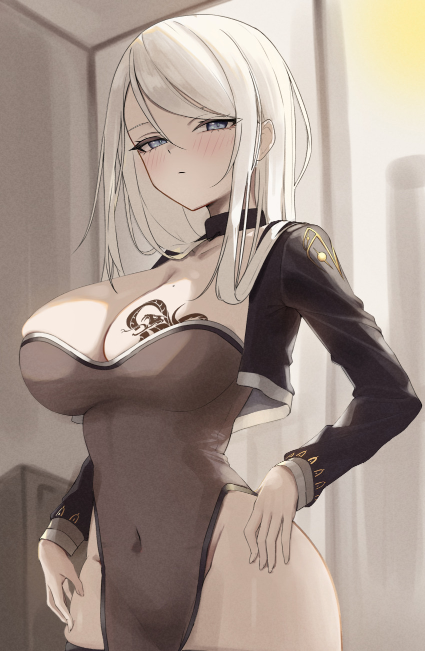 1girl, absurdres, black_choker, black_jacket, blue_eyes, breast_tattoo, breasts, brown_dress