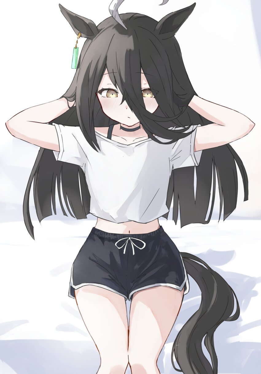 1girl, absurdres, adjusting_hair, ahoge, black_choker, black_hair, black_shorts, bra_strap
