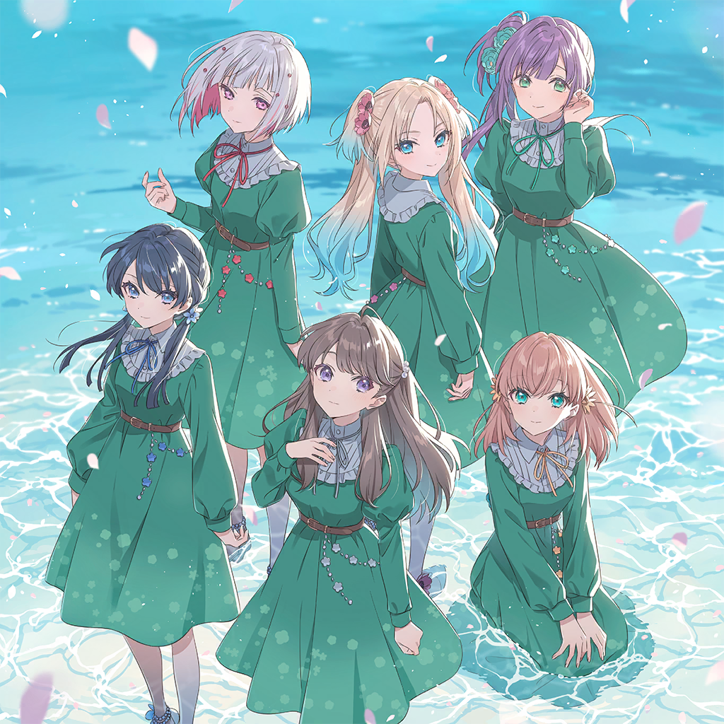 6+girls, album_cover, aqua_eyes, arm_at_side, arms_at_sides, belt, blonde_hair, blue_eyes