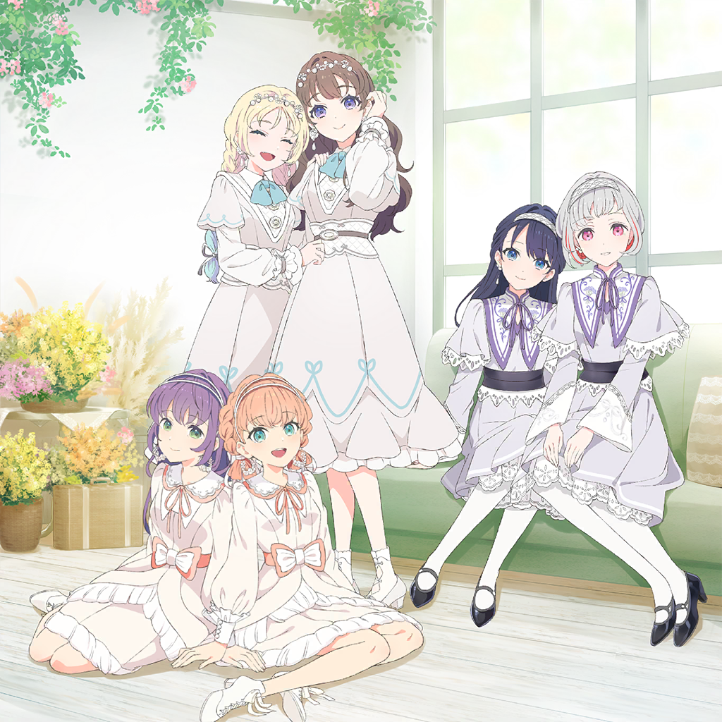 6+girls, :d, album_cover, ao_to_shabon, aqua_bow, aqua_bowtie, aqua_eyes, artist_request, bead_hairband, black_footwear, blonde_hair, blue_eyes, blue_hair, bow, bowtie, braid, brown_hair, cerise_bouquet, closed_eyes, colored_inner_hair, couch, cover, cross-laced_clothes, cross-laced_dress, crossed_bangs, dark_blue_hair, detached_collar, diagonal_bangs, dollchestra, dress, fang, frilled_dress, frills, fujishima_megumi, game_cg, gradient_hair, green_eyes, grey_dress, grey_hair, hairband, hand_on_own_ear, hinoshita_kaho, indoors, leaning_on_person, light_blue_hair, link!_like!_love_live!, logo, long_hair, long_sleeves, looking_at_viewer, love_live!, mary_janes, medium_dress, medium_hair, milk_(love_live!), mira-cra_park!, multicolored_hair, multiple_girls, murano_sayaka, neck_ribbon, non-web_source, official_alternate_costume, official_alternate_hairstyle, official_art, on_couch, open_mouth, orange_bow, orange_dress, orange_hair, orange_ribbon, osawa_rurino, otomune_kozue, pantyhose, parted_bangs, pearl_hair_ornament, puffy_long_sleeves, puffy_sleeves, purple_dress, purple_eyes, purple_hair, purple_ribbon, red_eyes, red_hair, ribbon, self-datamine, shoes, short_hair, sidelocks, sitting, smile, sneakers, special_thanks_(love_live!), standing, streaked_hair, textless_version, twin_braids, virtual_youtuber, waist_bow, wavy_hair, white_bow, white_footwear, white_hairband, white_pantyhose, yokozuwari, yugiri_tsuzuri