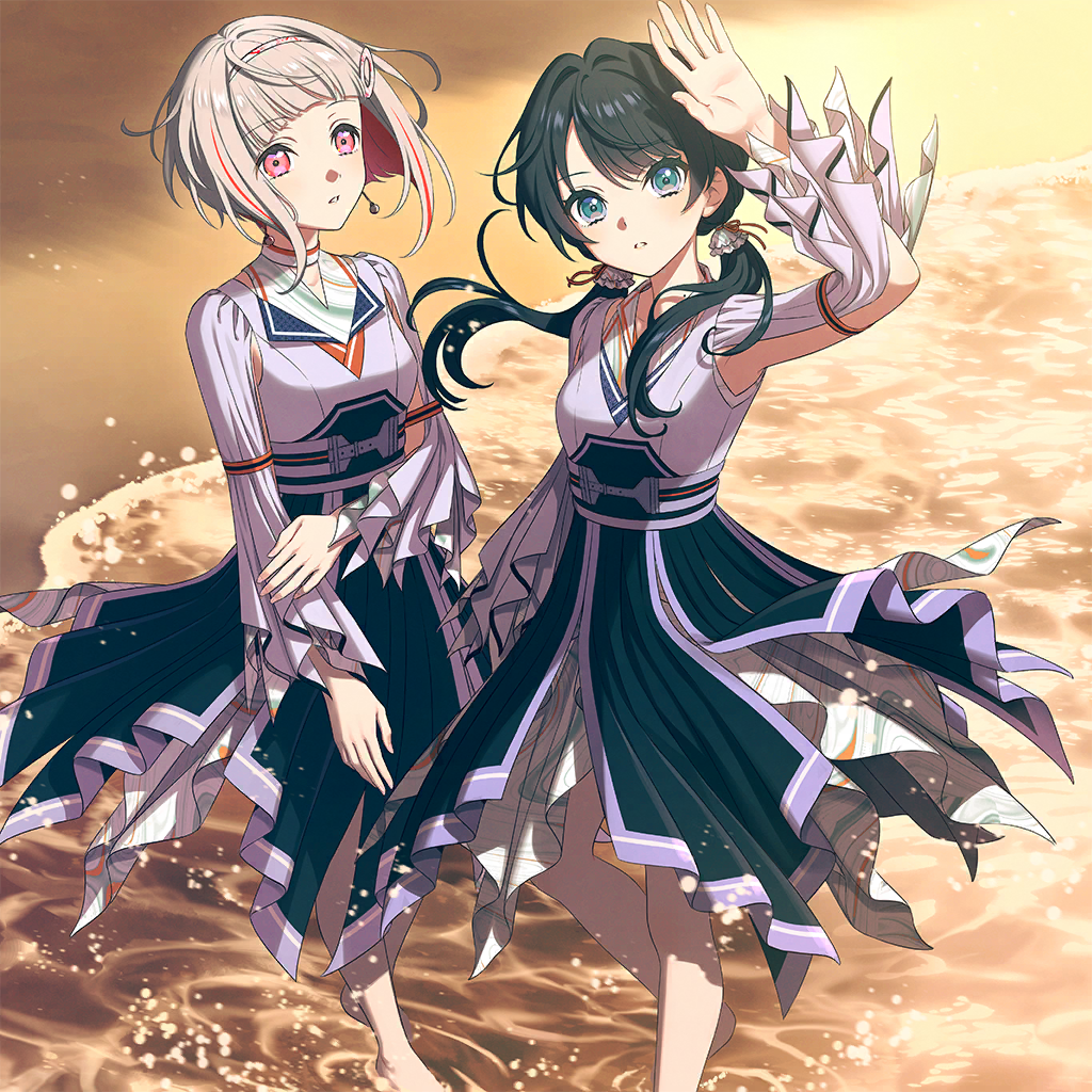 2girls, album_cover, arm_up, armpits, blue_eyes, blue_hair, blunt_bangs, breasts