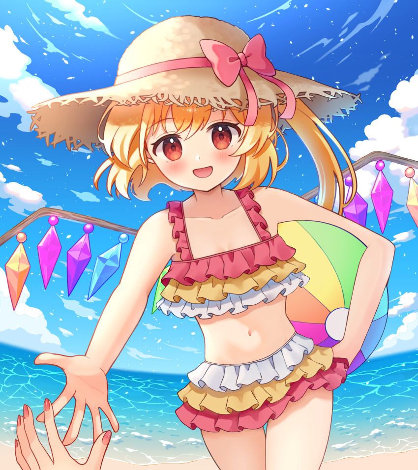 1girl, 1other, absurdres, alternate_costume, alternate_headwear, ball, beach, beachball