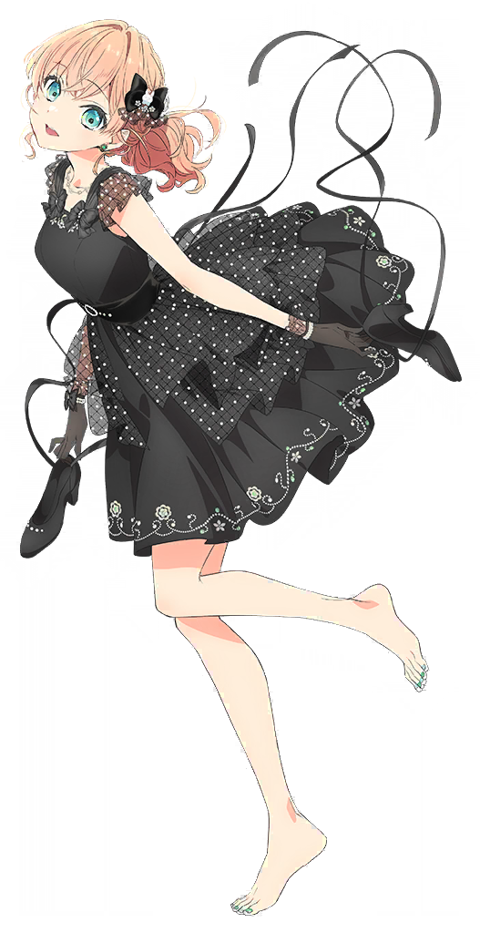 1girl, :d, aqua_eyes, aqua_nails, barefoot, black_bow, black_gloves, black_shoes