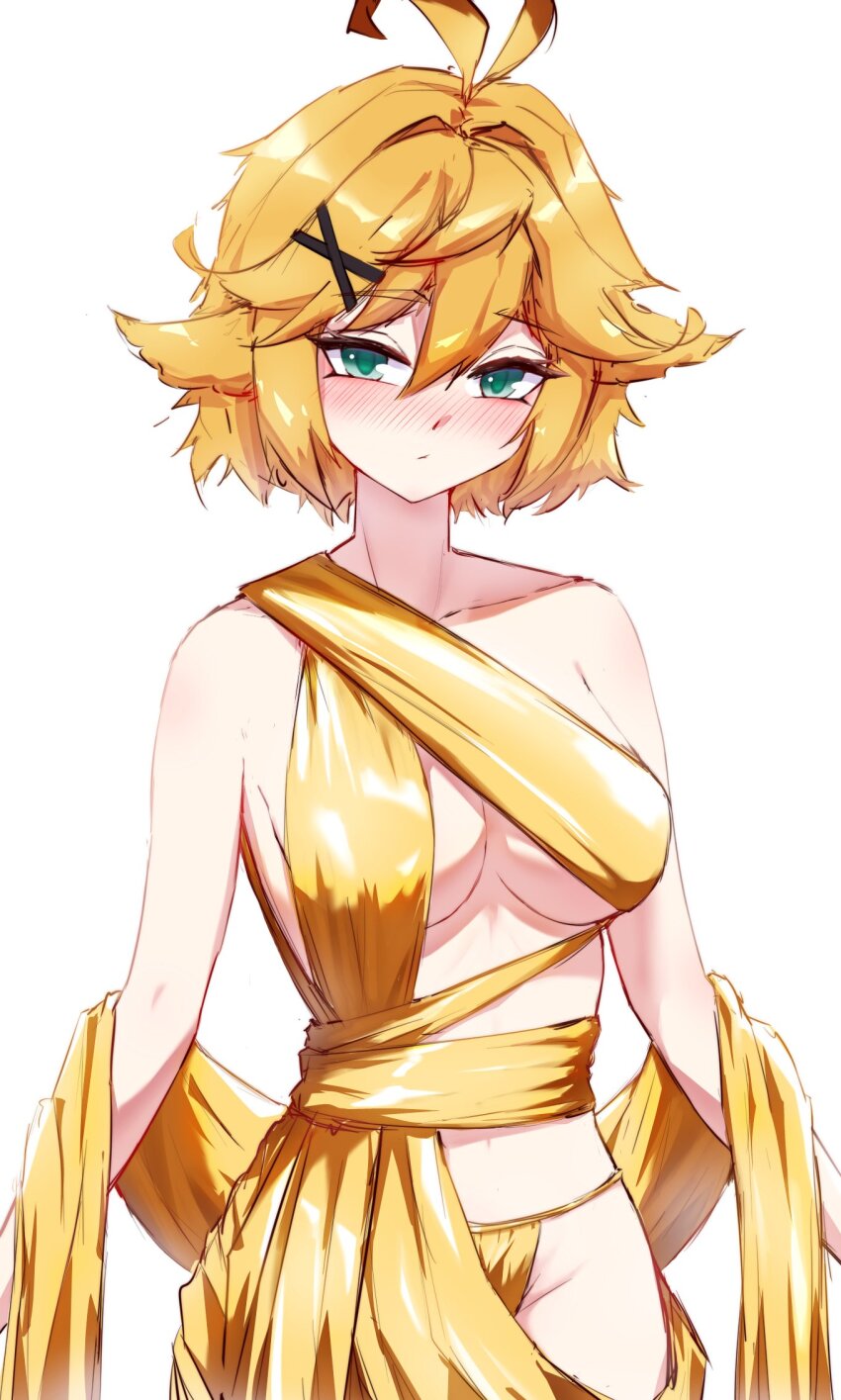 1girl, ahoge, alternate_costume, aqua_eyes, blonde_hair, blush, breasts, cgator, cleavage, cowboy_shot, dokibird, dokibird_(bounty_hunter), dress, gold_dress, gold_robe, hair_ornament, hairclip, highres, indie_virtual_youtuber, katlyne_dress, large_breasts, looking_at_viewer, panties, short_hair, simple_background, solo, string_panties, underwear, virtual_youtuber, white_background, yellow_panties