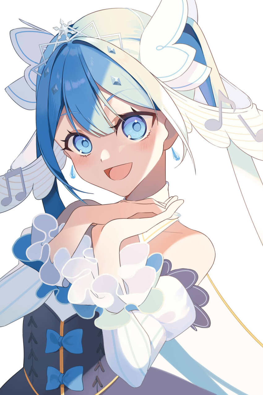1girl, absurdres, bare_shoulders, beamed_eighth_notes, blue_bow, blue_dress, blue_eyes, blue_hair, blurry, blush, bokeh, bow, commentary, depth_of_field, detached_collar, detached_sleeves, dress, eighth_note, eyelashes, frills, hair_ornament, hands_up, happy, hatsune_miku, highres, hiryang, jewelry, long_hair, long_sleeves, looking_at_viewer, musical_note, musical_staff_print, open_mouth, own_hands_together, princess, puffy_sleeves, sidelighting, simple_background, smile, snowflake_hair_ornament, solo, musical_staff, strapless, strapless_dress, tiara, twintails, upper_body, variant_set, vocaloid, white_background, yuki_miku, yuki_miku_(2019)