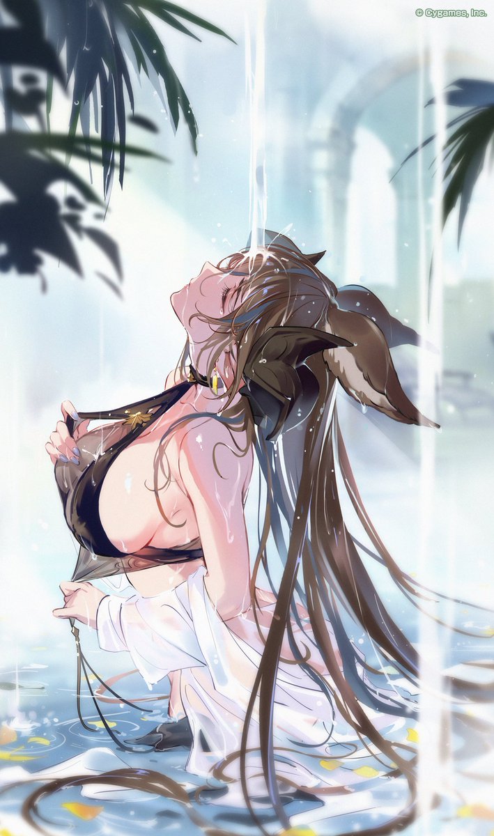 1girl, animal_ears, bikini, black_bikini, breasts, brown_hair, cleavage, closed_eyes