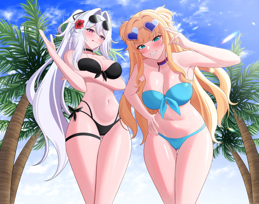 2girls, absurdres, aircell, alternate_costume, arm_under_breasts, bare_shoulders, bikini, black_bikini, black_choker, blonde_hair, blue-tinted_eyewear, blue_background, blue_bikini, blue_eyes, blush, breasts, bright_pupils, choker, cleavage, commentary, cowboy_shot, day, eyewear_on_head, flower, front-tie_bikini_top, front-tie_top, hair_flower, hair_intakes, hair_ornament, hand_on_own_hip, hand_up, heart, heart-shaped_eyewear, highres, honkai_(series), honkai_impact_3rd, large_breasts, leaning_forward, long_hair, looking_at_viewer, multiple_girls, navel, outdoors, paid_reward_available, purple_eyes, red_flower, sidelocks, songque, songque_(summertime_reminiscences), standing, stomach, sunglasses, swimsuit, thelema_nutriscu, thigh_strap, tinted_eyewear, two_side_up, very_long_hair, white_hair, white_pupils