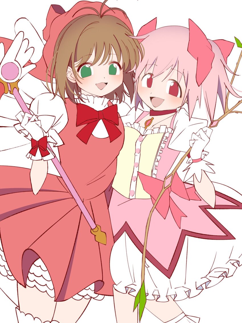 2girls, beret, bow, bow_(weapon), bowtie, brown_hair, cardcaptor_sakura, choker, crossover, dress, frilled_dress, frills, fuuin_no_tsue, genre_connection, glove_bow, gloves, green_eyes, hair_bow, hat, highres, holding, holding_bow_(weapon), holding_wand, holding_weapon, kaname_madoka, kaname_madoka_(magical_girl), kinomoto_sakura, kinomoto_sakura_(magician), komori_er, looking_at_viewer, magical_girl, mahou_shoujo_madoka_magica, mahou_shoujo_madoka_magica_(anime), multiple_girls, open_mouth, pink_choker, pink_dress, pink_eyes, pink_hair, pink_hat, puffy_short_sleeves, puffy_sleeves, red_bow, red_bowtie, short_hair, short_sleeves, short_twintails, simple_background, soul_gem, twintails, two-tone_dress, wand, weapon, white_background, white_dress, white_gloves, white_wings, wings