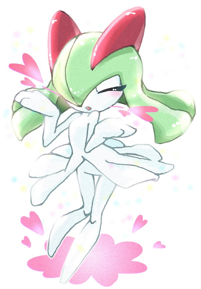 closed_eyes, full_body, gen_3_pokemon, green_hair, heart, kirlia, nintendo, no_humans
