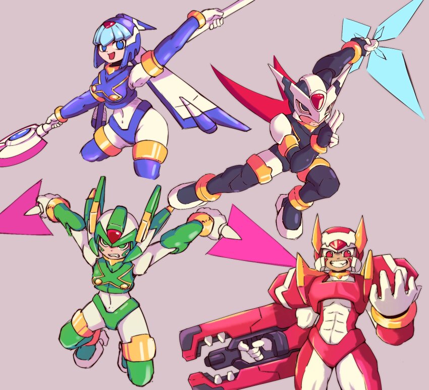 1girl, 3boys, armor, black_armor, black_eyes, black_helmet, blue_armor, blue_eyes