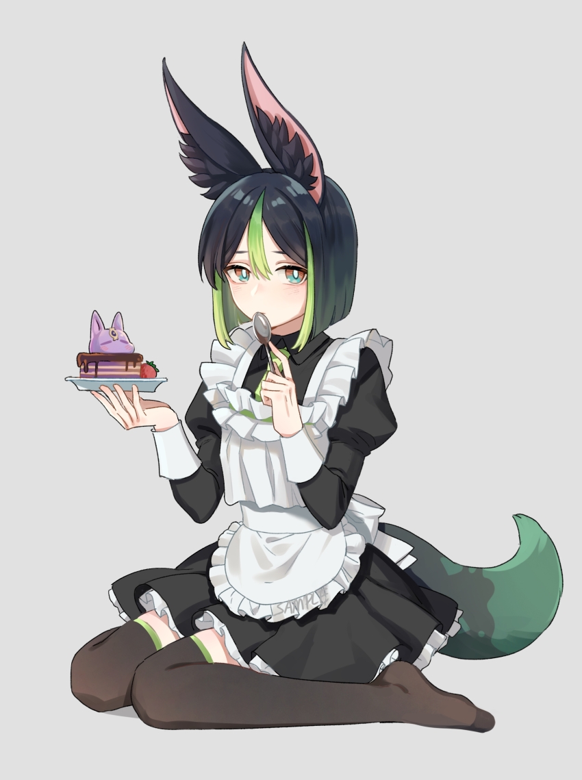 1boy, absurdres, alternate_costume, apron, bishounen, black_dress, black_thighhighs, cake, crossdressing, crossdressing_(mtf), double-parted_bangs, dress, enmaided, food, food_with_face, fox_boy, frilled_apron, frills, fruit, full_body, genshin_impact, green_tail, grey_background, hair_between_eyes, hands_up, highres, holding, holding_plate, holding_spoon, juliet_sleeves, limoli_lian, long_sleeves, maid, male_focus, male_maid, plate, puffy_sleeves, sample_watermark, simple_background, sitting, sleeve_cuffs, solo, spoon, strawberry, thighhighs, tighnari_(genshin_impact), two-tone_tail, wariza, watermark, white_apron