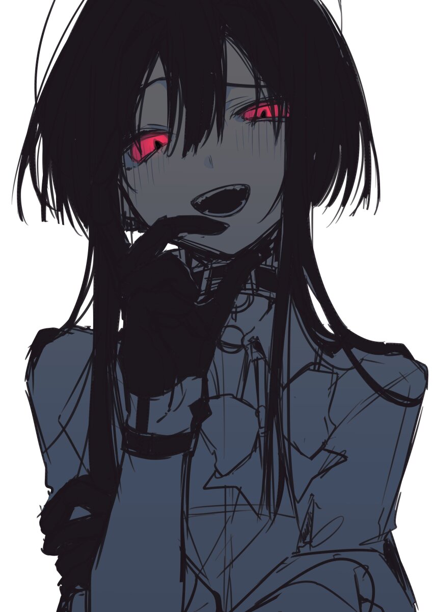 1girl, absurdres, black_collar, black_gloves, blush, collar, cowboy_shot, fangs