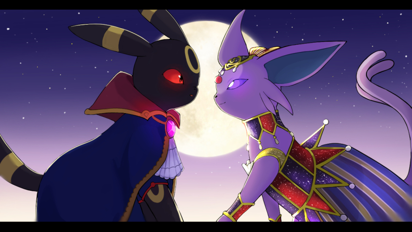 black_fur, clothed_pokemon, espeon, espeon_(performer), gen_2_pokemon, looking_at_another, moon, night, nintendo, no_humans, pokemon, pokemon_(creature), pokemon_unite, purple_eyes, purple_fur, red_eyes, sky, star_(sky), tail, umbreon, umbreon_(noble), yuu_(yuu777hh)
